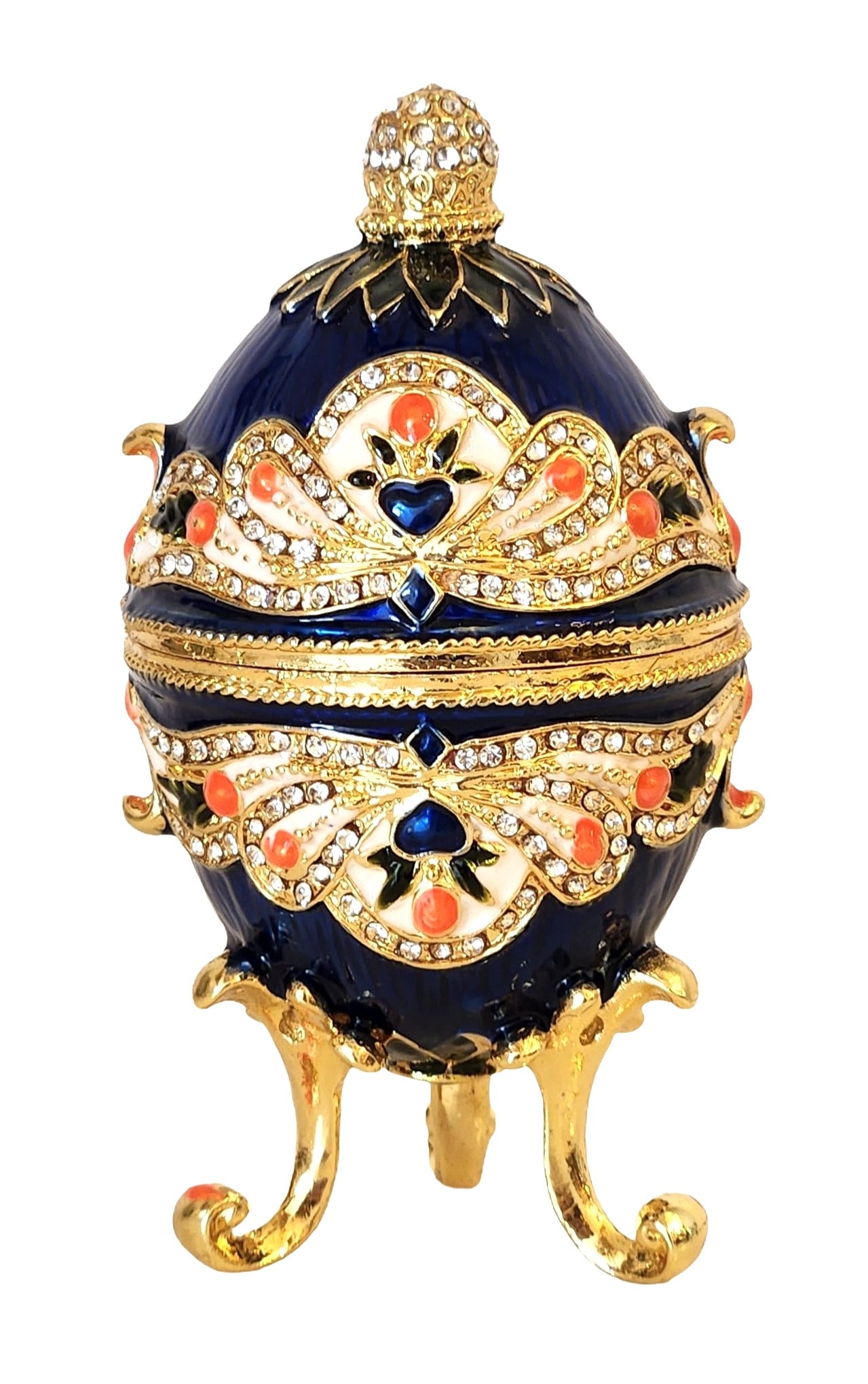 Jeweled Imperial Blue Enamel Egg Trinket Box – Gold Gilt, Crystal Accents & Coral Enamel Details, (1 of 4)