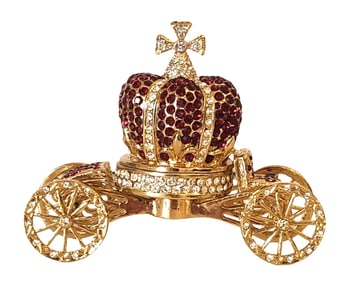 Jeweled Imperial Crown Carriage Trinket Box – Gold Gilt, Ruby-Red Crystals & Hinged Compartment,