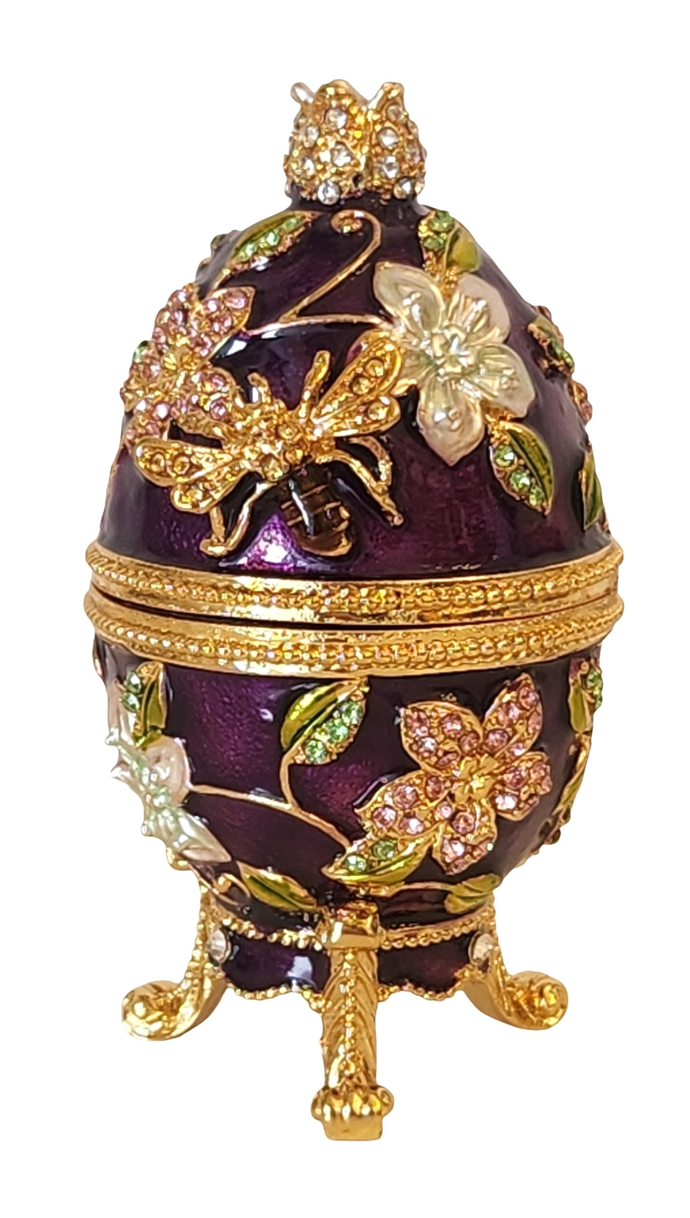 Jeweled Floral Imperial Egg Trinket Box – Purple Enamel with Crystal & Pearl Accents, Gold Gilt: A beautifully ornate Imperial-style jeweled egg trinket box, finished in rich deep purple enamel and adorned with elaborate gold-gilt floral vines, sparkling crystal accents, and luminous pearl-like f