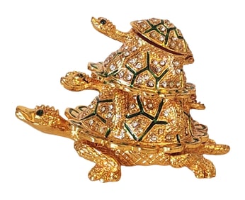 Jeweled Triple Turtle Hinged Trinket Box – Gold Gilt with Crystal & Enamel Accents, Nested Design