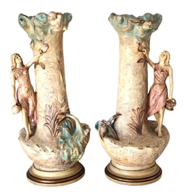 Pair of French Art Nouveau Figural Terracotta Vases, Marked "Terre Cuite d’Art"