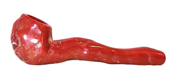 Antique Carved Red Coral Pipe with Buddha Figure, Mid-20th Century