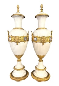 Pair of French Louis XVI Style Bisque & Gilt Bronze Urns with Hand-Painted Porcelain Plaques