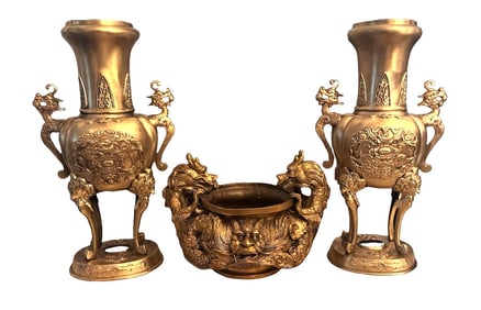 Three-Piece Chinese-Style Gilt Brass Dragon Urn & Censer Set
