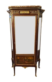French Louis XVI Style Mahogany & Gilt Bronze Vitrine with Vernis Martin Panels and Marble Top