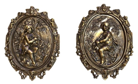 Pair of Antique Bronze Rococo Wall Plaques with High-Relief Putti Figures