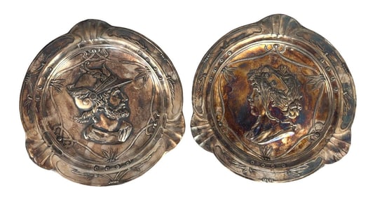 Pair of Art Nouveau Embossed Metal Portrait Wall Plates, Marked 3014