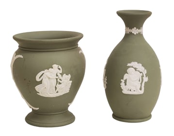Pair of Wedgwood Green Jasperware Vases with Classical Reliefs