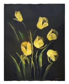 Oil on Canvas – Yellow Tulips on Black Background, Signed Hale – Mystery Artist
