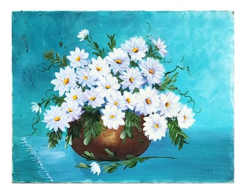 J.M. – Still Life with White Daisies, Oil on Canvas
