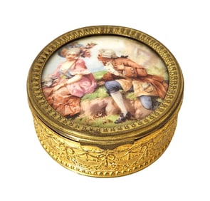 Antique Gil Bronze Box with Miniature Porcelain Plaque Engraved