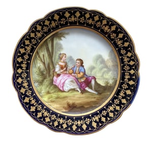 French Sevres Hand-Painted Porcelain Plate with Cobalt Border, Signed Boucher
