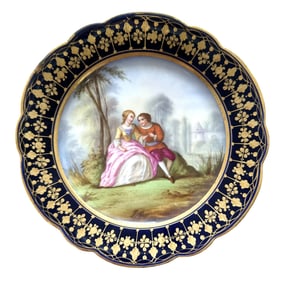 French Sevres Hand-Painted Porcelain Plate with Cobalt Border, Signed Boucher