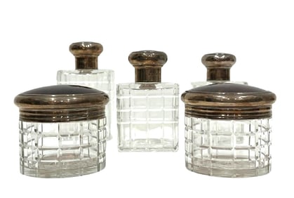 5pc Set England Sterling Cut Glass Vanity Set