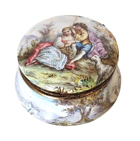 Hand-Painted Enamel Snuff Box with Pastoral Courting Scene, Possibly 19th Century