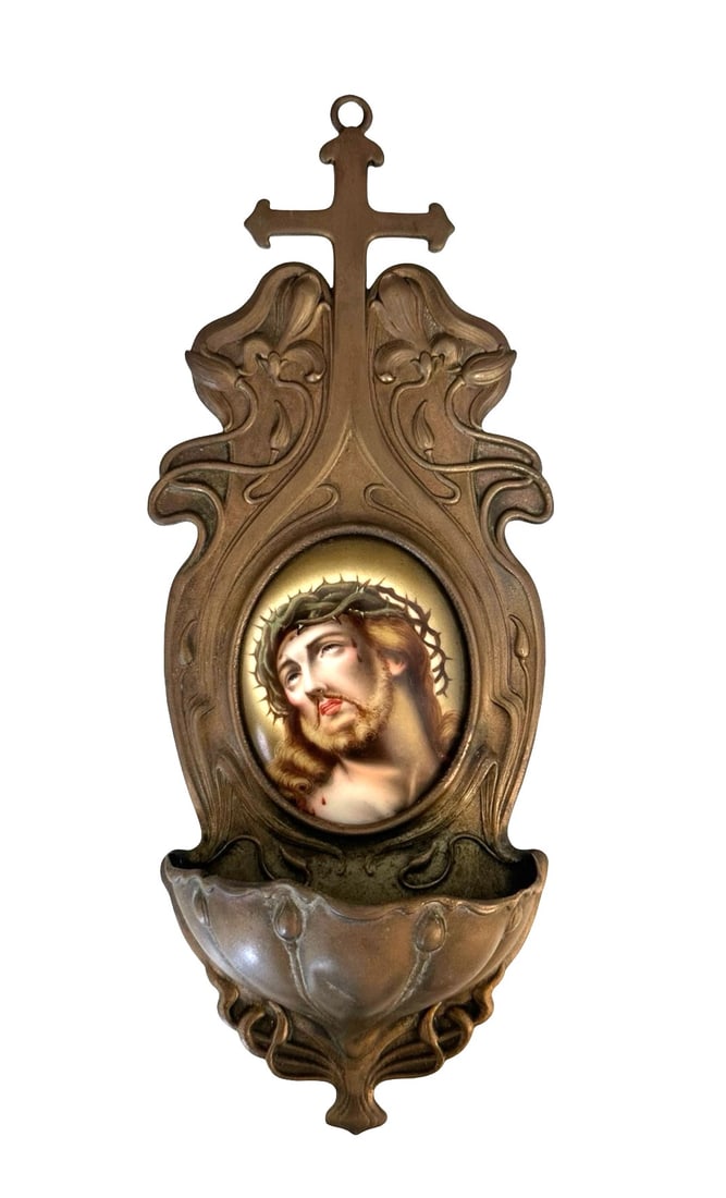 French Holy Water Font with Religious Porcelain Plaque (1 of 3)
