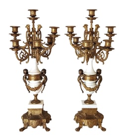 Pair of French Louis XVI Style Gilt Bronze & Marble Candelabra – 7-Light