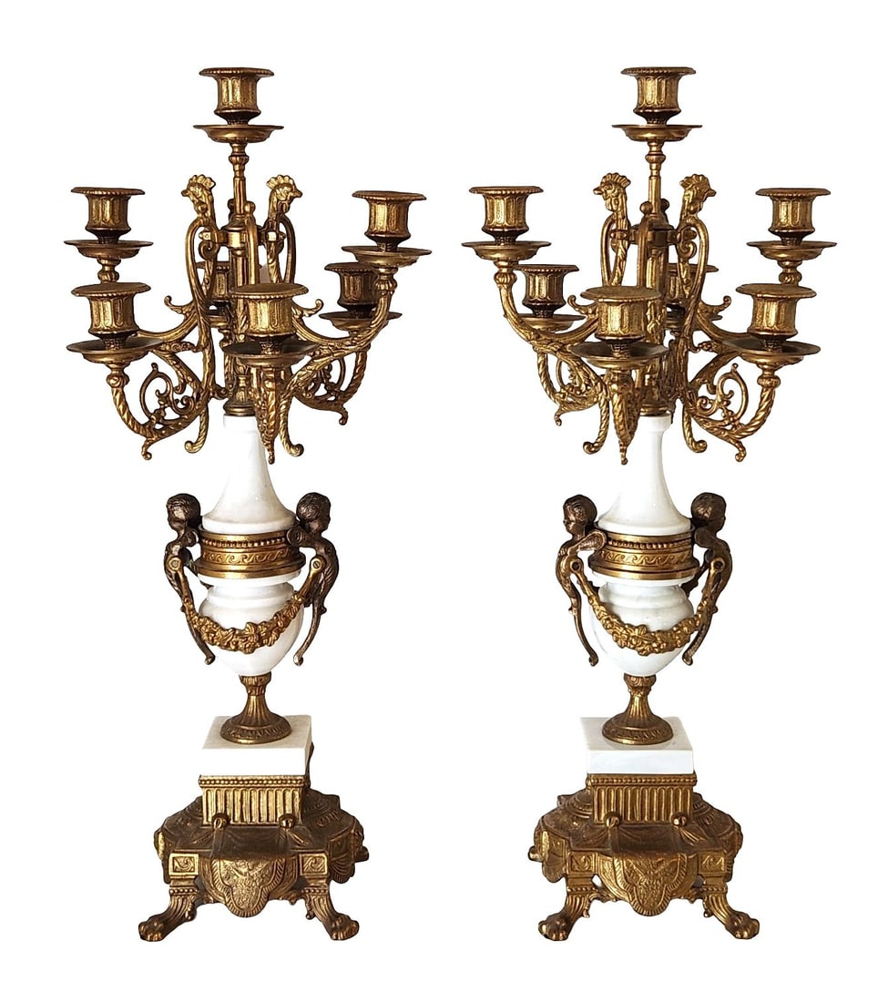 Pair of French Louis XVI Style Gilt Bronze & Marble Candelabra – 7-Light (1 of 6)