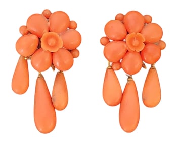 Vintage Natural Coral Floral Drop Earrings – Screw Back, Mid-Century