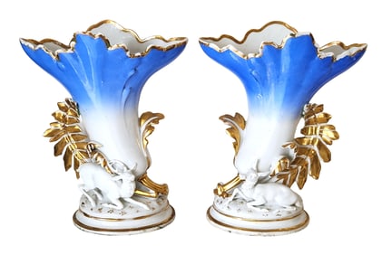 Pair of Old Paris Porcelain Cornucopia Vases with Gilt Deer, Possibly 19th Century