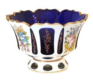 Bohemian Cobalt Blue and White Overlay Crystal Center Bowl with Hand-Painted Flowers