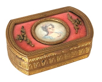 Antique French Gilt Brass and Enamel Jewelry or Snuff Box with Portrait Miniature and Silk Lining