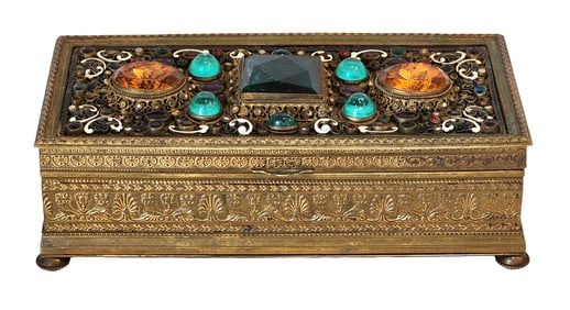 Austrian Jeweled Gilt Metal Jewelry Casket with Enamel Accents, Missing Several Stones