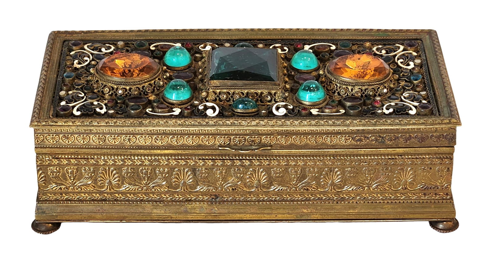 Austrian Jeweled Gilt Metal Jewelry Casket with Enamel Accents, Missing Several Stones (1 of 7)