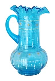 Victorian Blue Opaline Art Glass Pitcher with Ruffled Rim and Enamel Daisy Decoration