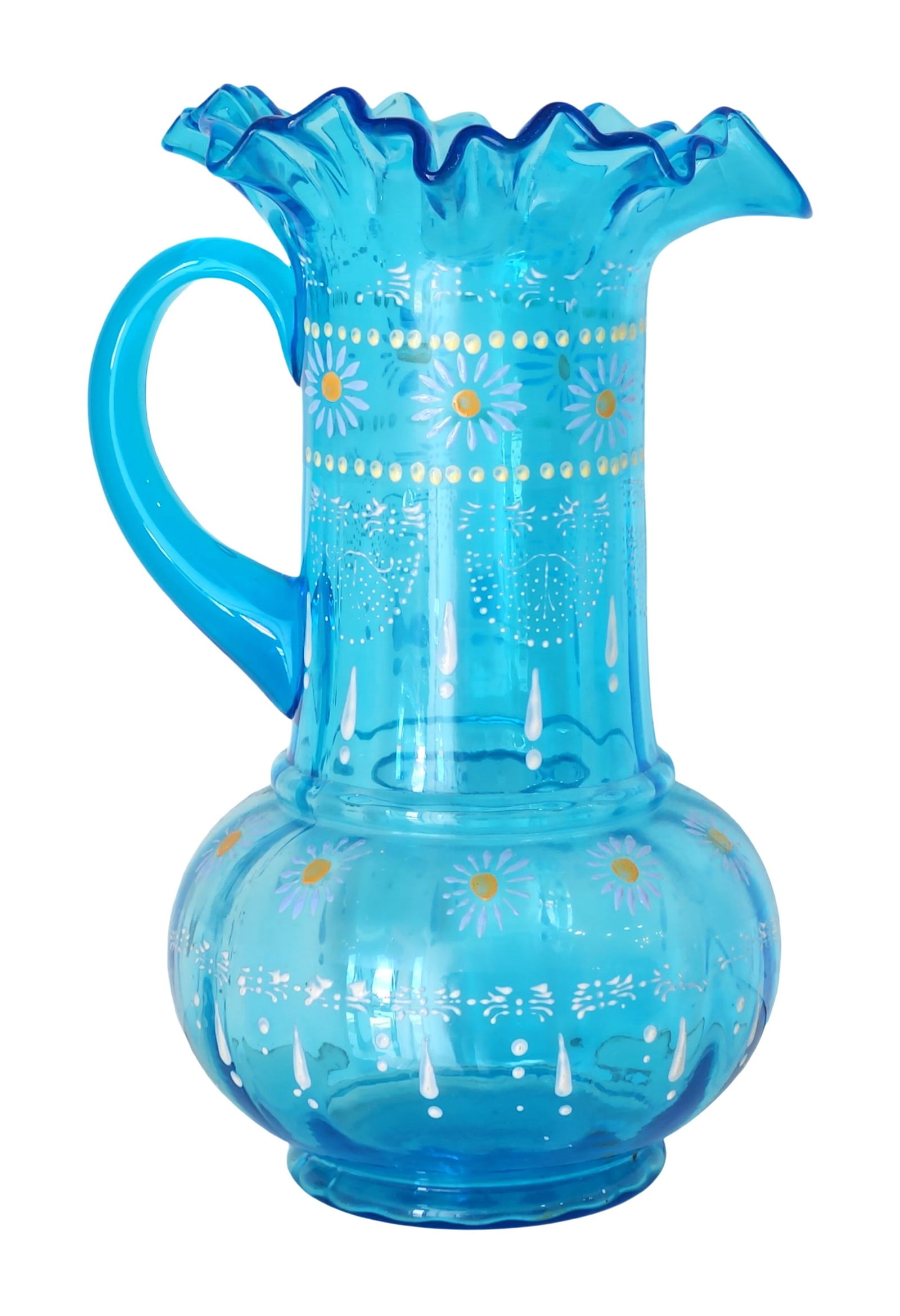 Victorian Blue Opaline Art Glass Pitcher with Ruffled Rim and Enamel Daisy Decoration (1 of 2)