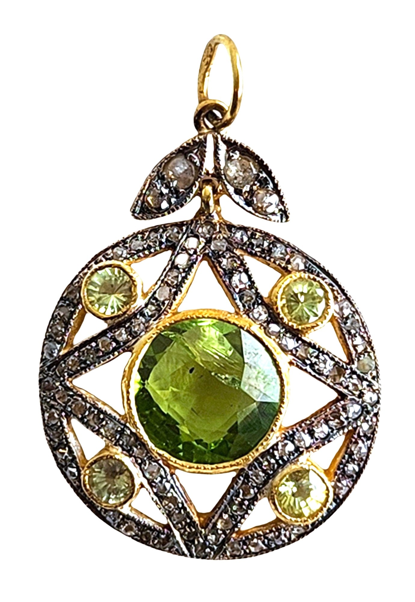 Antique-Style Silver Gilt Pendant with Peridot and Rose-Cut Diamonds: Elegant circular pendant crafted in gilt silver (.925) with a finely detailed openwork design. The center features a vibrant round-cut peridot surrounded by four smaller peridots set in golden bezels.