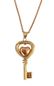 14K Gold Heart Key Pendant Necklace, Marked 14K
