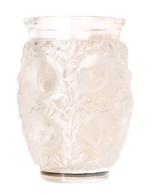 Lalique France "Moineaux" Frosted Crystal Vase with Sparrows Motif, Signed