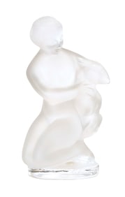 Lalique France Frosted Crystal Figurine of Kneeling Woman with Deer, Signed