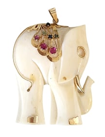 14K Gold & Carved Elephant Pendant with Ruby, Sapphire & Emerald Accents – Vintage Figural Jewelry