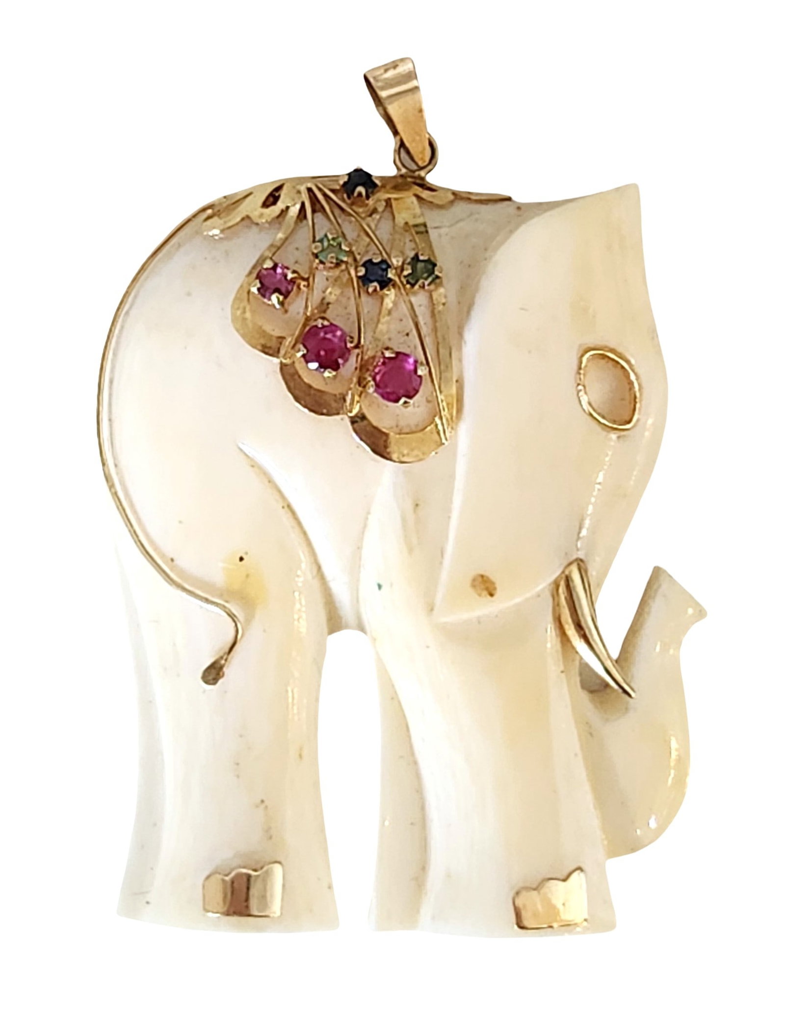 14K Gold & Carved Elephant Pendant with Ruby, Sapphire & Emerald Accents – Vintage Figural Jewelry (1 of 3)