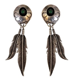 Vintage Sterling Silver Feather Dangle Earrings – Green Stone Accents