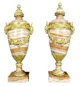 Pair of Grand Neoclassical Style Marble and Gilt Bronze Urns