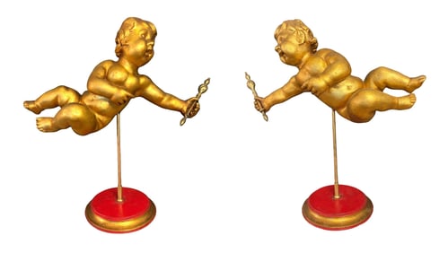 Pair of Vintage Gilt Carved Wood Cherub Sculptures on Stands – Flying Putti Figures
