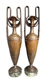 Pair of Antique Neoclassical Spelter Urn Vases on Green Marble Bases