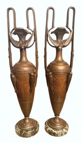 Pair of French Art Noveau Urn Vases on Green Marble Bases