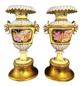 Pair of Antique Old Paris Porcelain Mantel Vases with Gilt Bases, Hand-Painted Florals