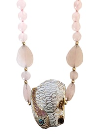 Vintage Cloisonné Elephant Pendant Necklace with Rose Quartz Beads