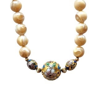 Vintage Cloisonné Floral Bead Necklace with Cream Swirl Glass Beads