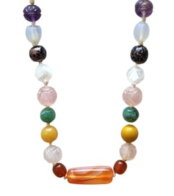 Multigemstone Beaded Necklace with Carved Gem Beads and Carnelian Pendant