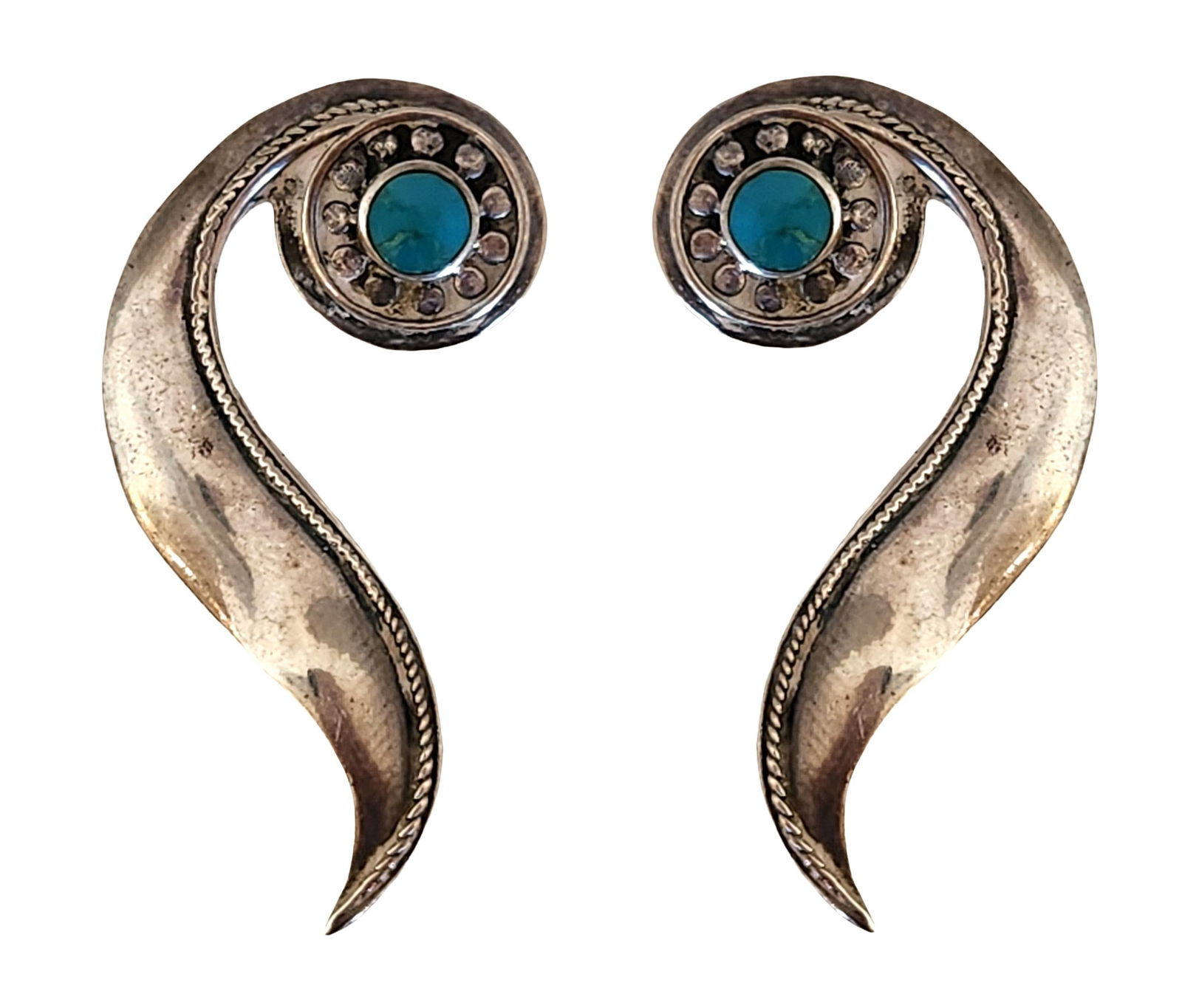 Vintage Taxco Sterling Silver & Turquoise Swirl Earrings – Signed “THOMAS?? 925 (1 of 3)