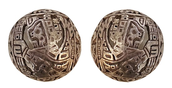 Vintage Sterling Silver 925 Aztec-Style Carved Ball Earrings