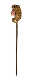 Antique Art Nouveau Lady Stick Pin, Gold-Tone with Painted Details