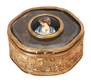 Antique French Bronze Box with Porcelain Plaque and crystal