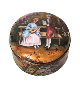 Hand-Painted Enamel Round Snuff Box with Musical Courting Scene, Signed Ganirt
